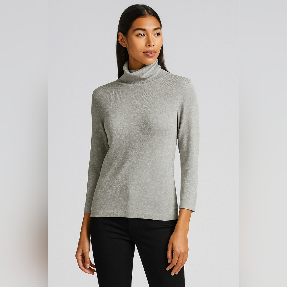 Bianca Nygard Silver Metallic Silk Blend Turtleneck Sweater Top Size S